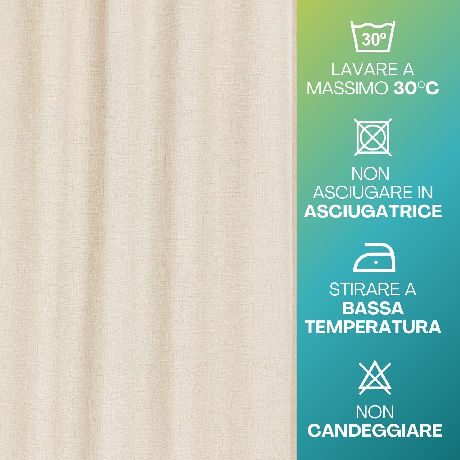 Tenda beige lavabile a 30° in poliestere con istruzioni di manutenzione