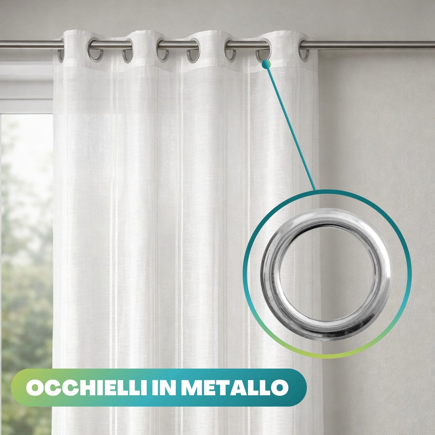 Dettaglio occhielli in metallo tenda bianco per bastone tenda