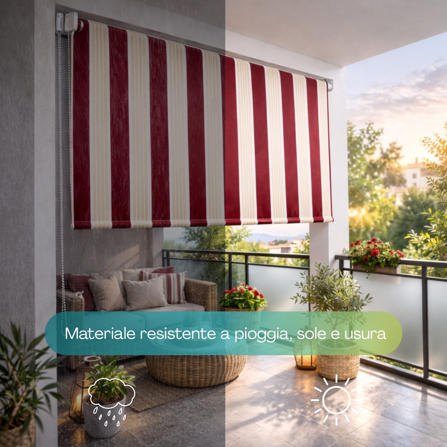 Tenda da sole righe rosso beige resistente a sole e pioggia