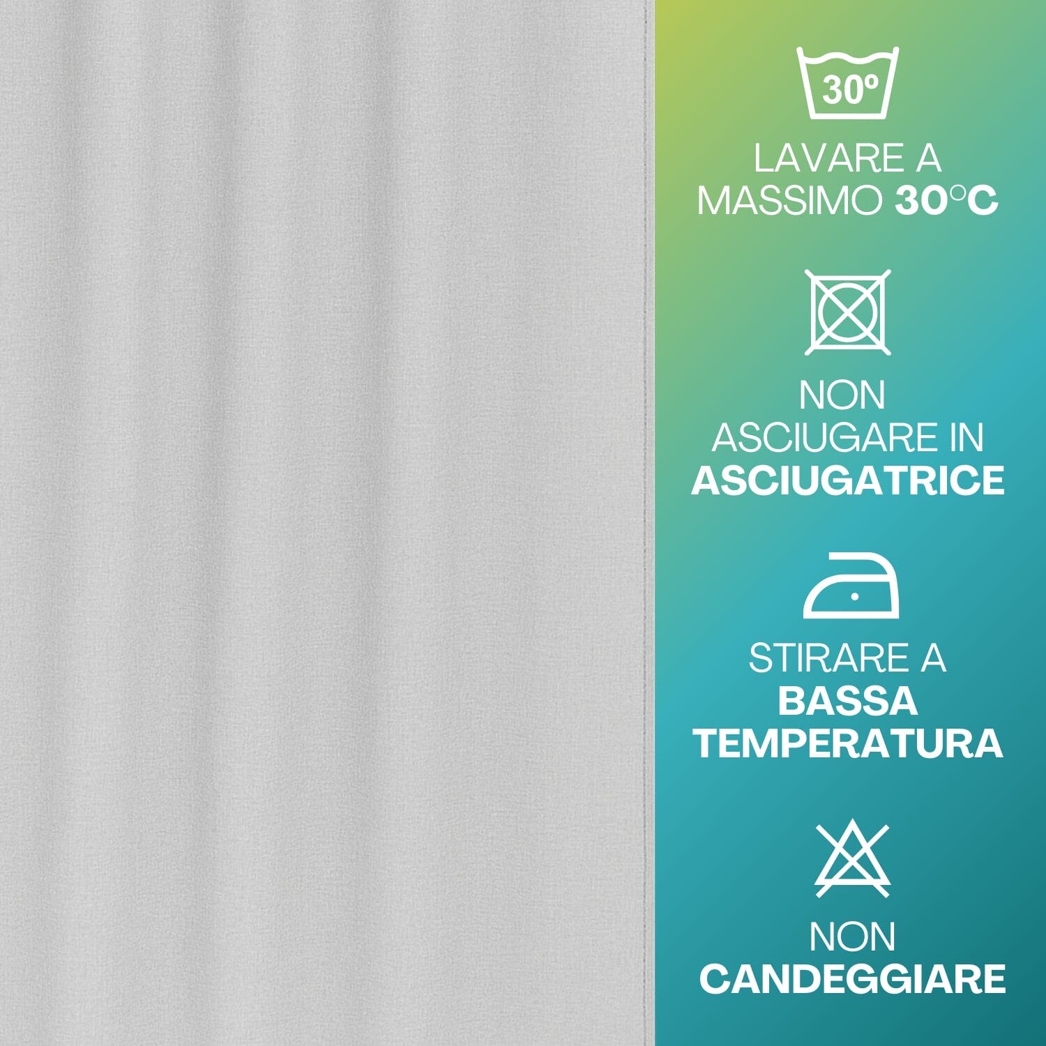 Tenda grigia 100% poliestere lavabile a 30°C con istruzioni di manutenzione