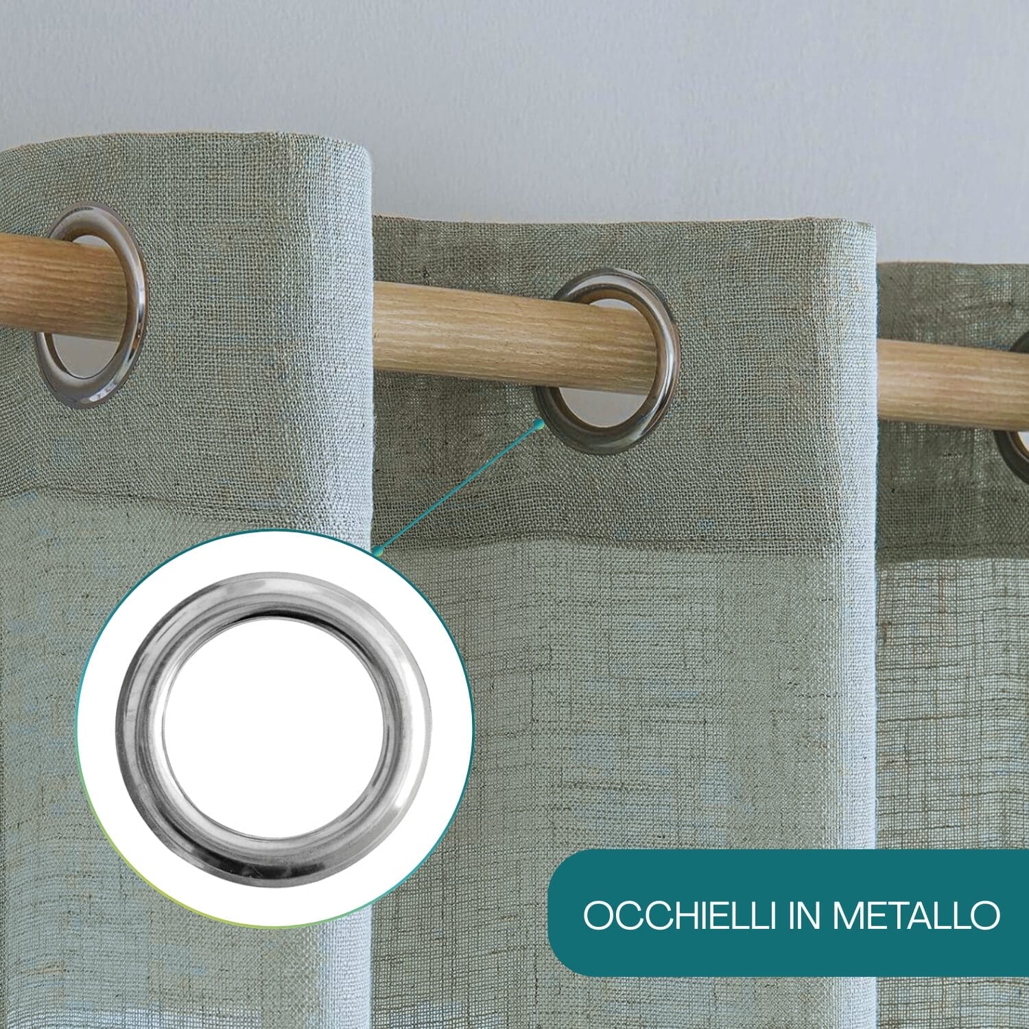 Dettaglio occhielli metallici tenda grigia semitrasparente per bastone