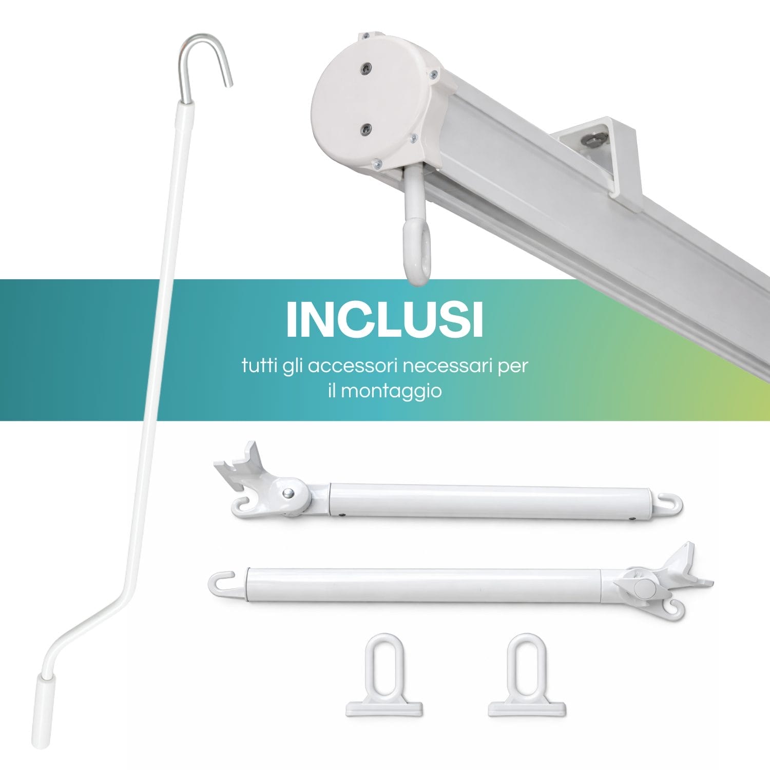 Componenti tenda da sole inclusi per installazione con manovella e bracci