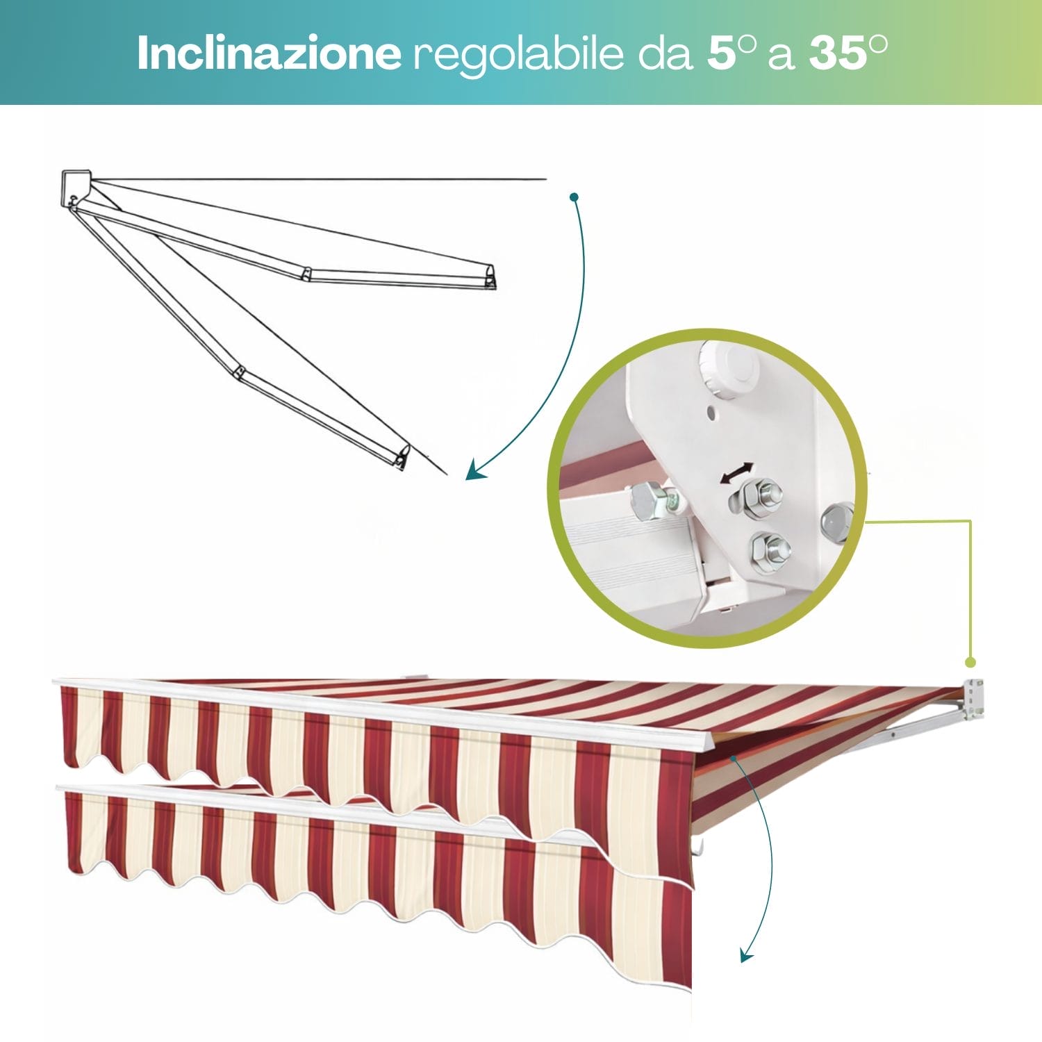 Tenda da sole barra quadrata 4x3 inclinazione regolabile 5-35 gradi bordeaux e bianca