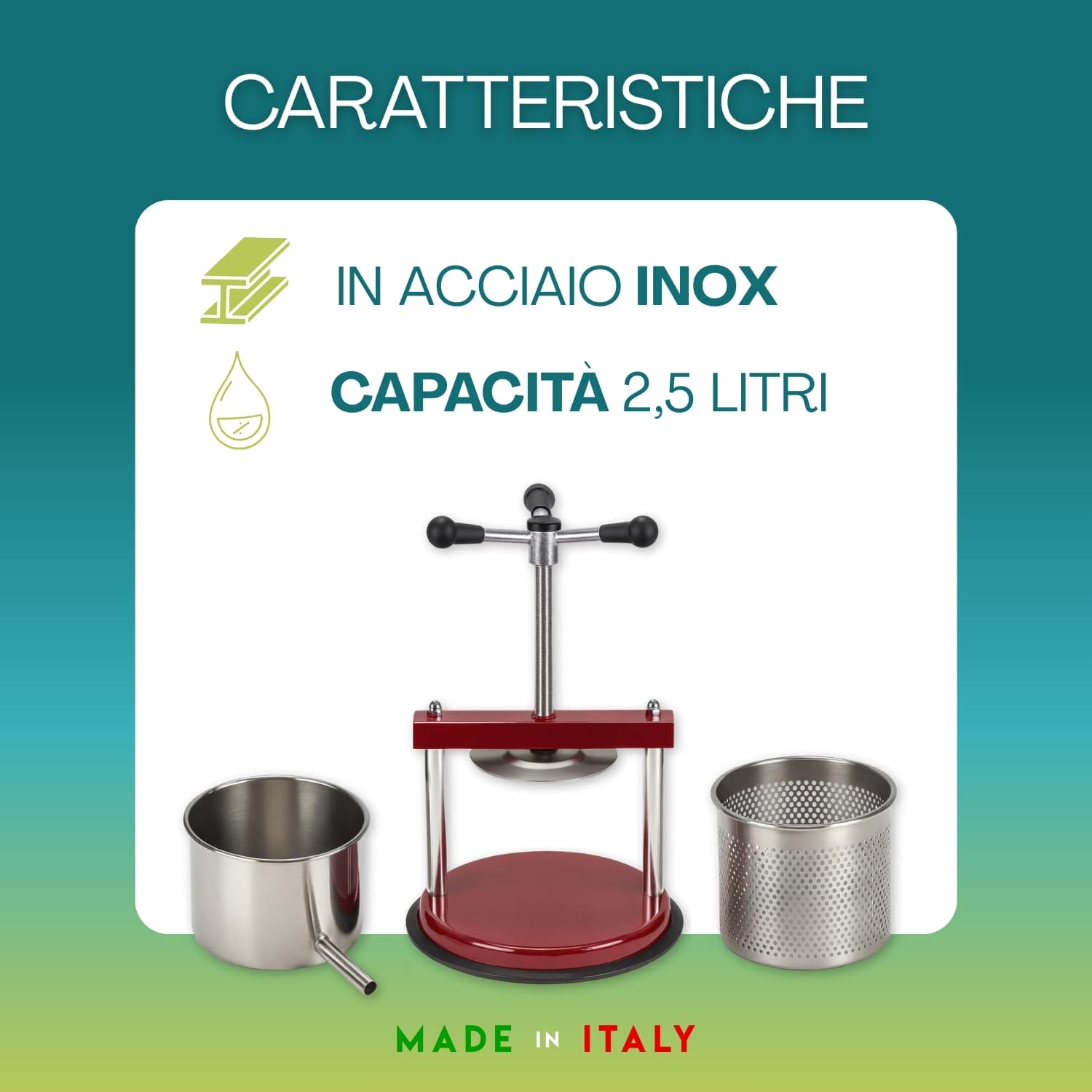 Torchietto inox 2,5 litri Made in Italy con accessori per spremitura frutta e verdura
