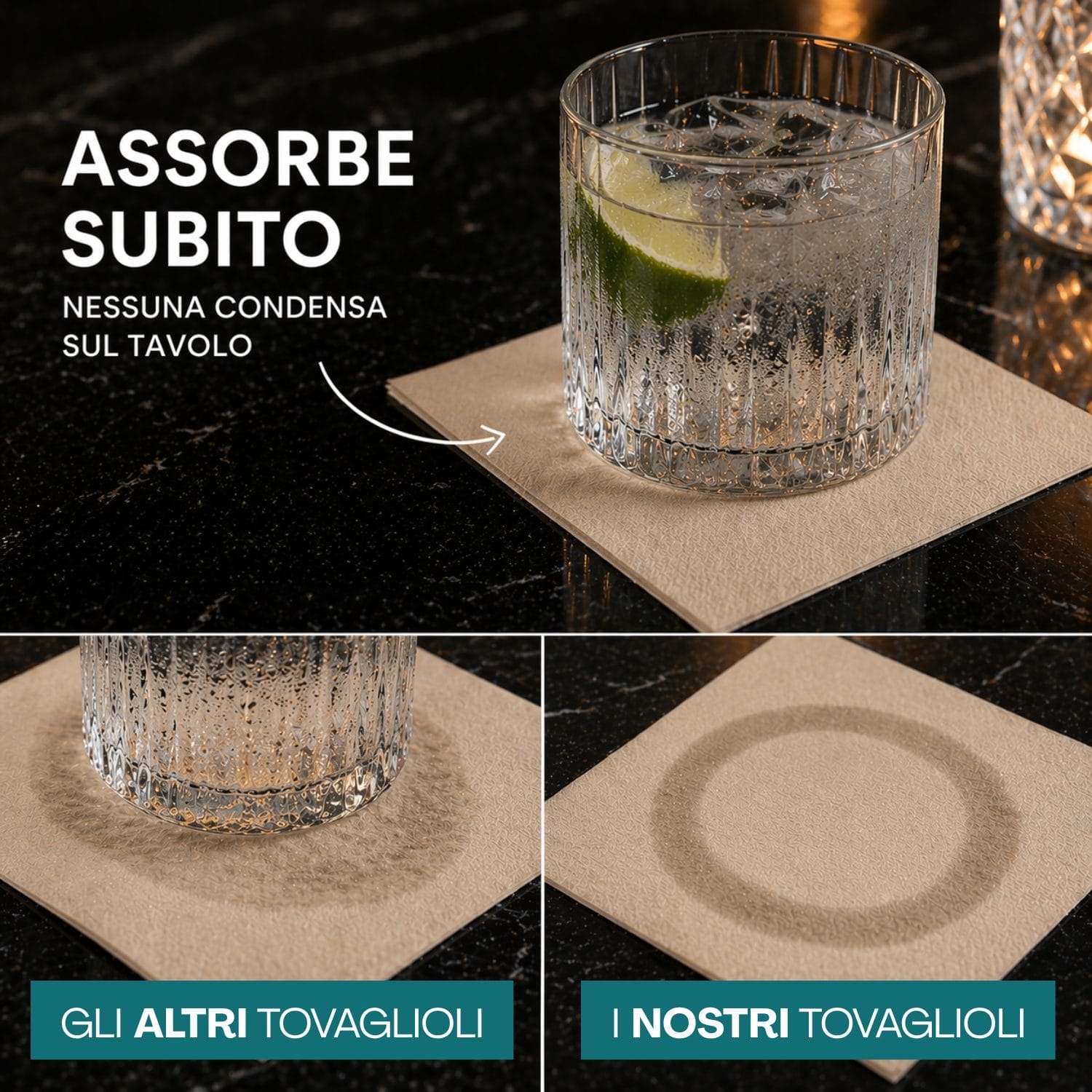 Tovagliolini cocktail avana assorbenti, niente condensa sul tavolo, uso bar e casa