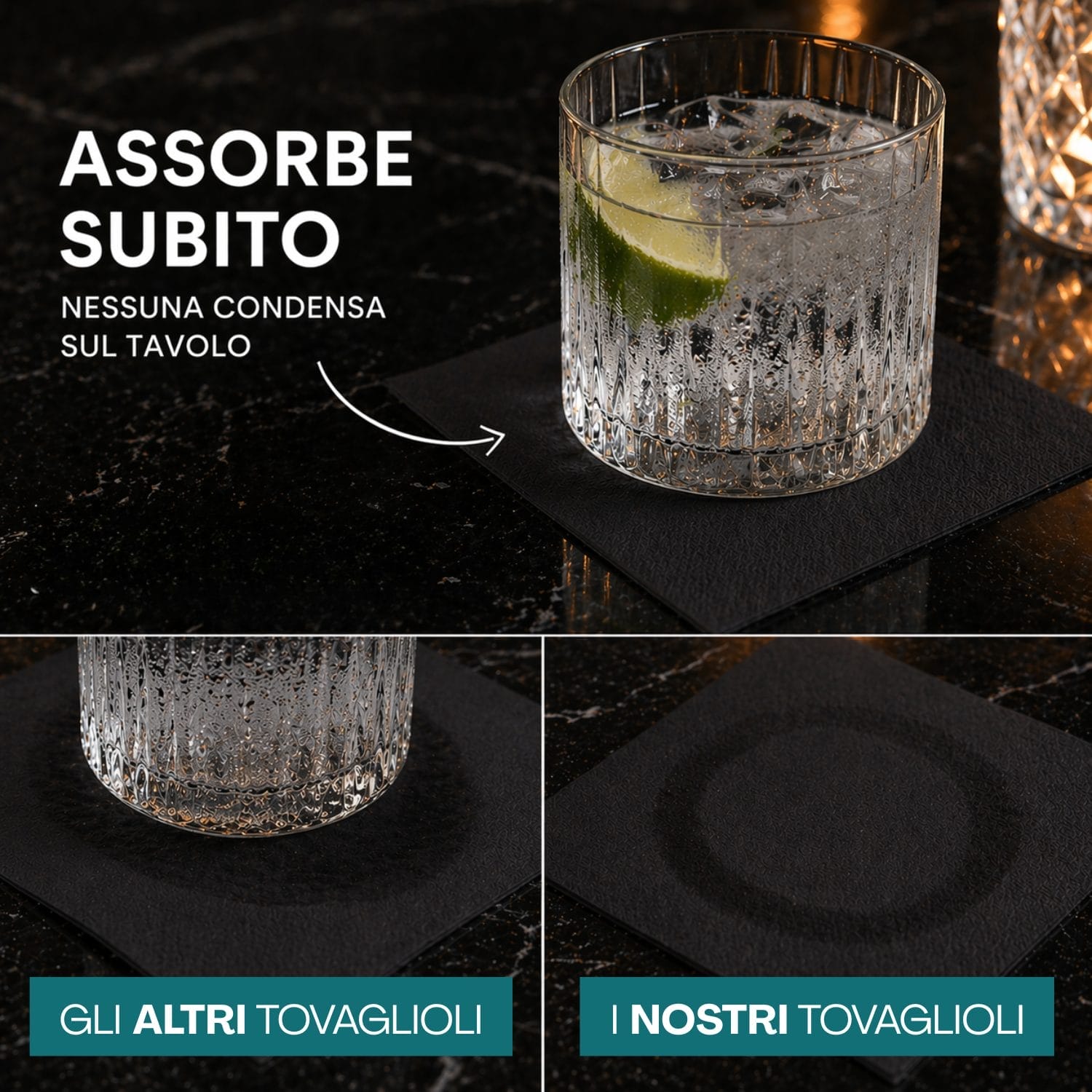 Tovagliolini cocktail neri in carta doppio velo, assorbenti senza condensa