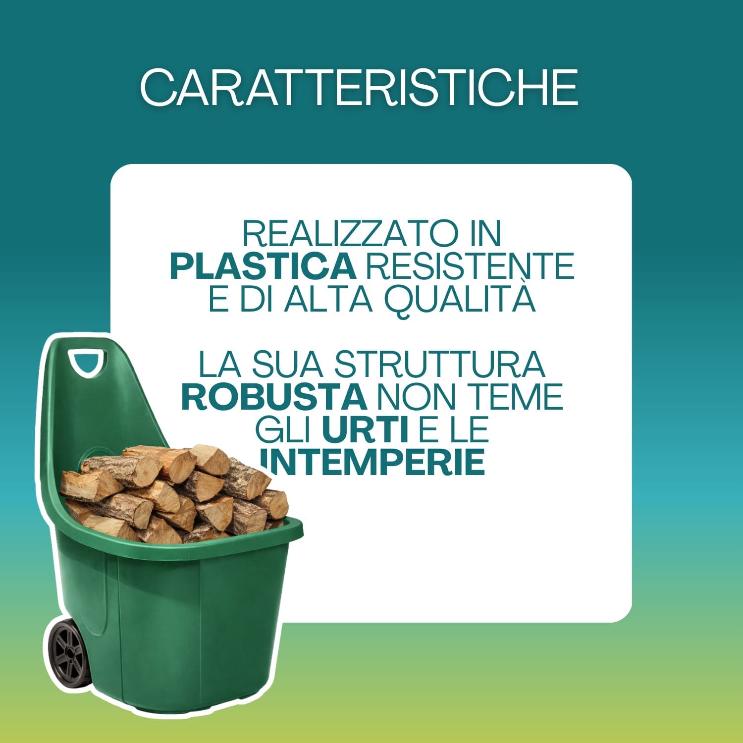Carrello da giardino verde in plastica resistente, robusto e adatto a uso esterno