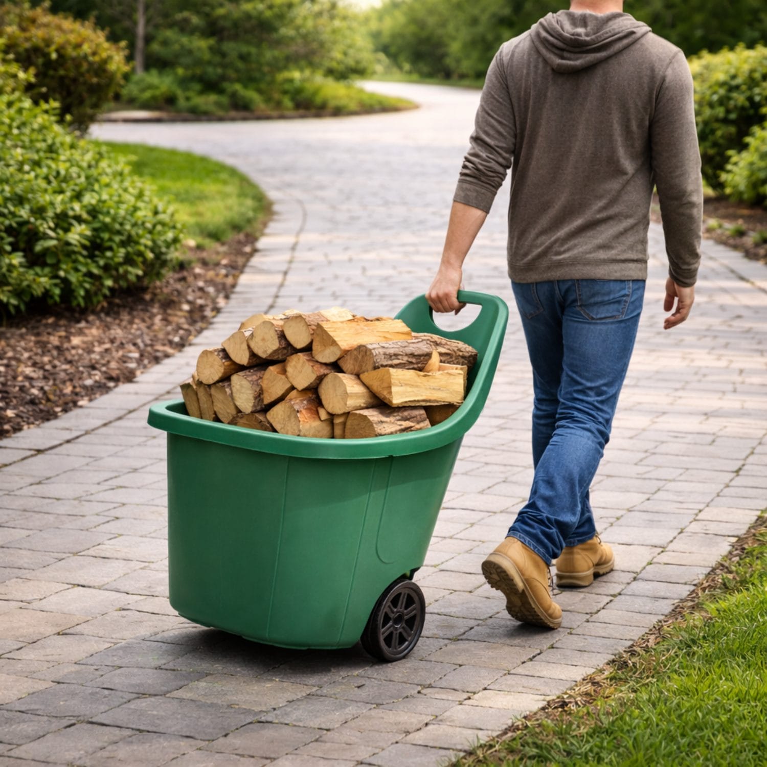 Carrello da giardino verde con ruote per trasporto legna su vialetto esterno