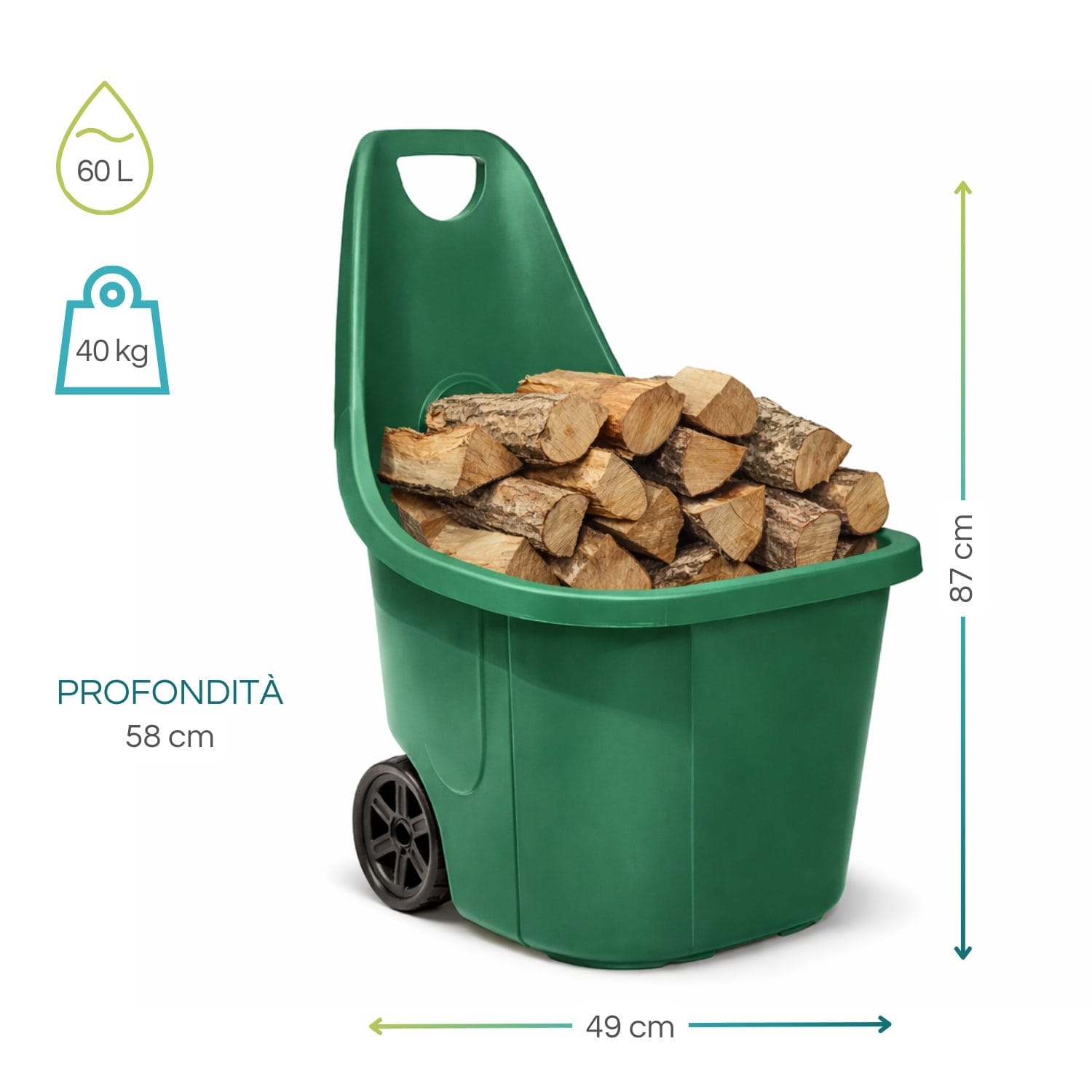 Carrello da giardino verde 60 litri con misure 87x49x58 cm portata 40 kg