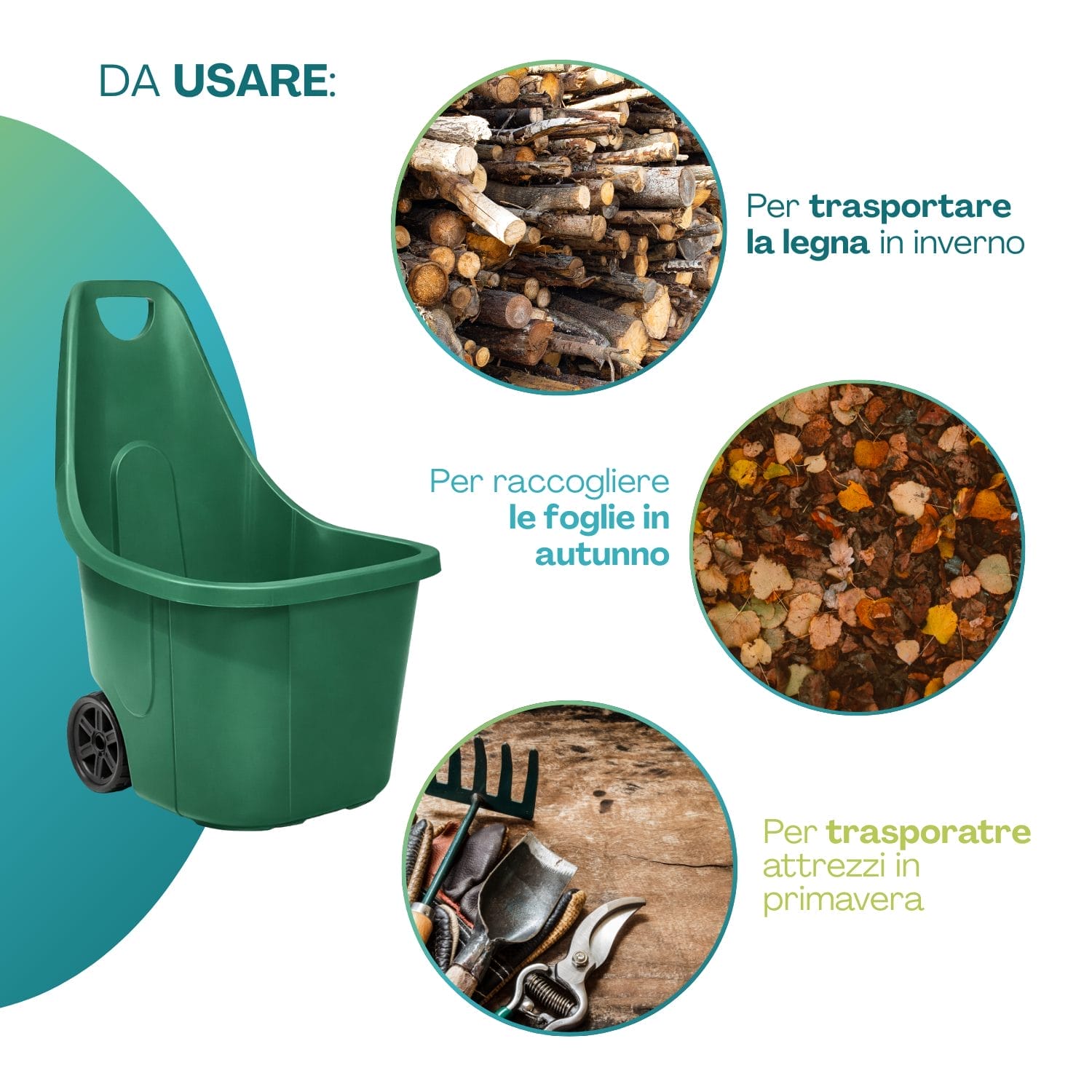 Carrello da giardino verde multiuso per legna foglie e attrezzi