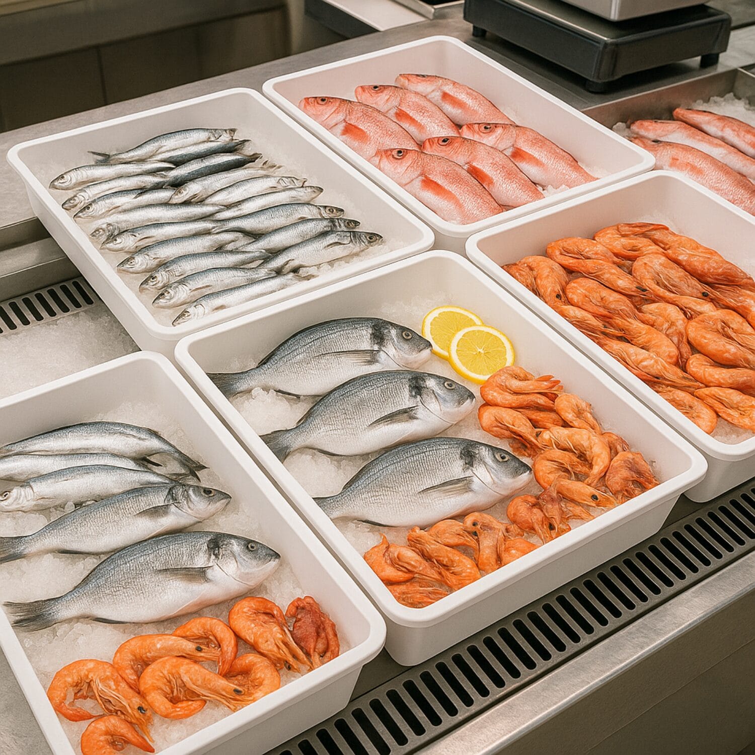 Vaschetta bianca alimentare per pesce e crostacei esposti su ghiaccio 15 litri