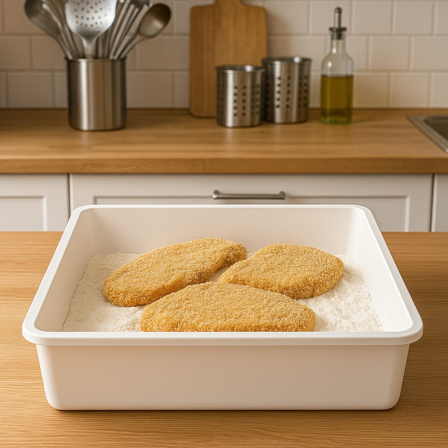 Vaschetta alimentare bianca 15 litri con cotolette impanate in cucina professionale