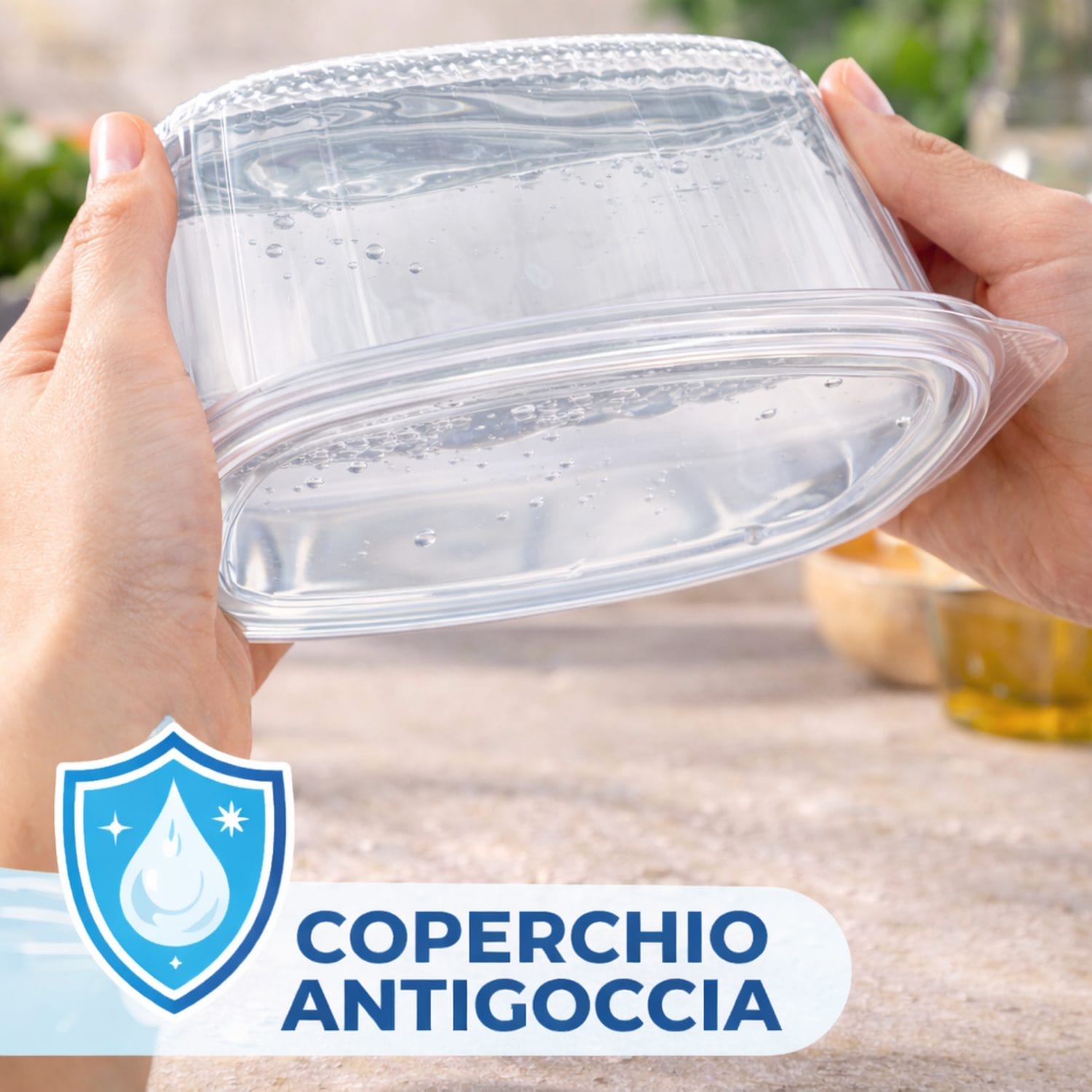 Coperchio antigoccia per vaschetta alimentare in PET resistente ai liquidi