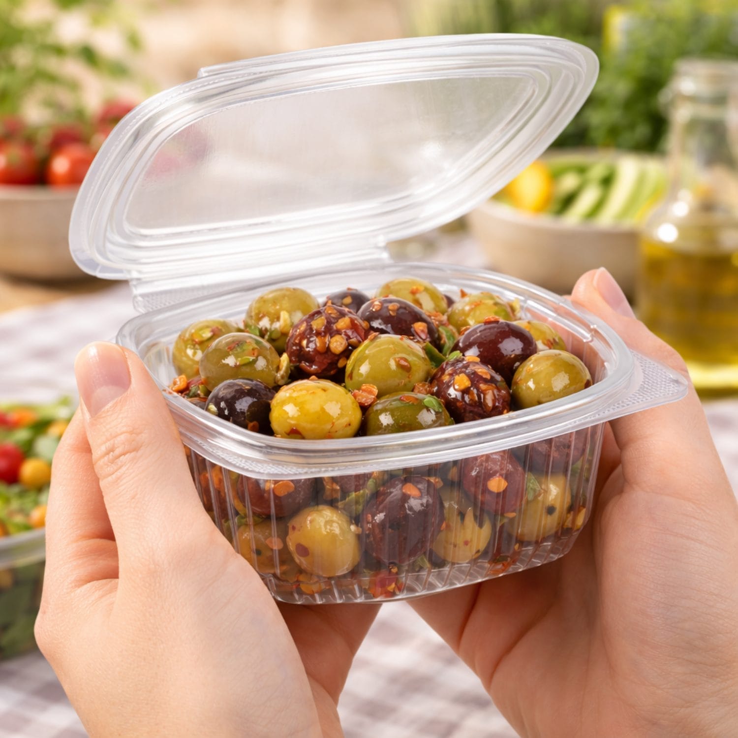Vaschetta alimentare trasparente con coperchio per olive