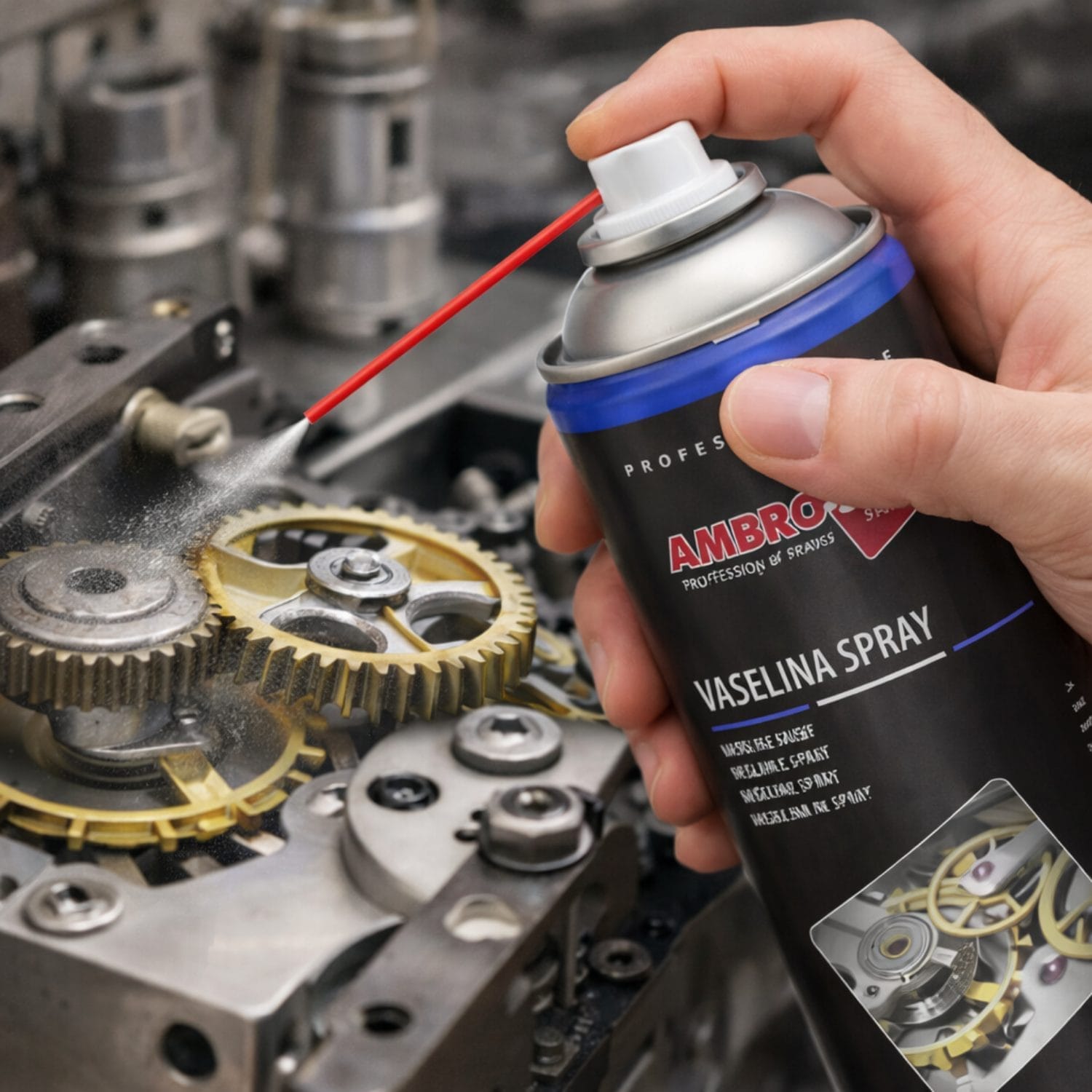 vaselina spray Spray vaselina Ambro-Sol in uso su ingranaggi meccanici per lubrificazione e protezione