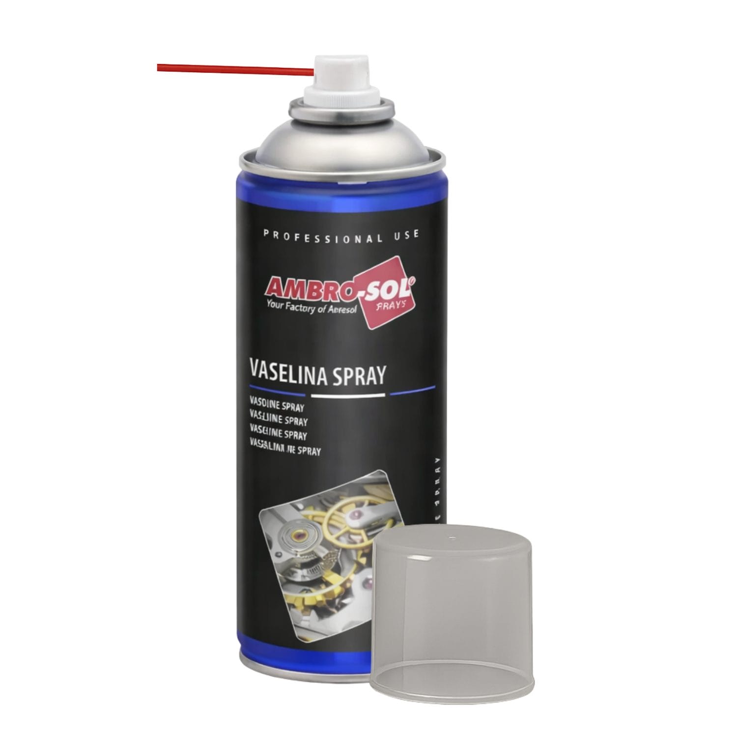 vaselina spray Vaselina spray Ambro-Sol 400 ml con tappo rimosso e cannuccia inclusa