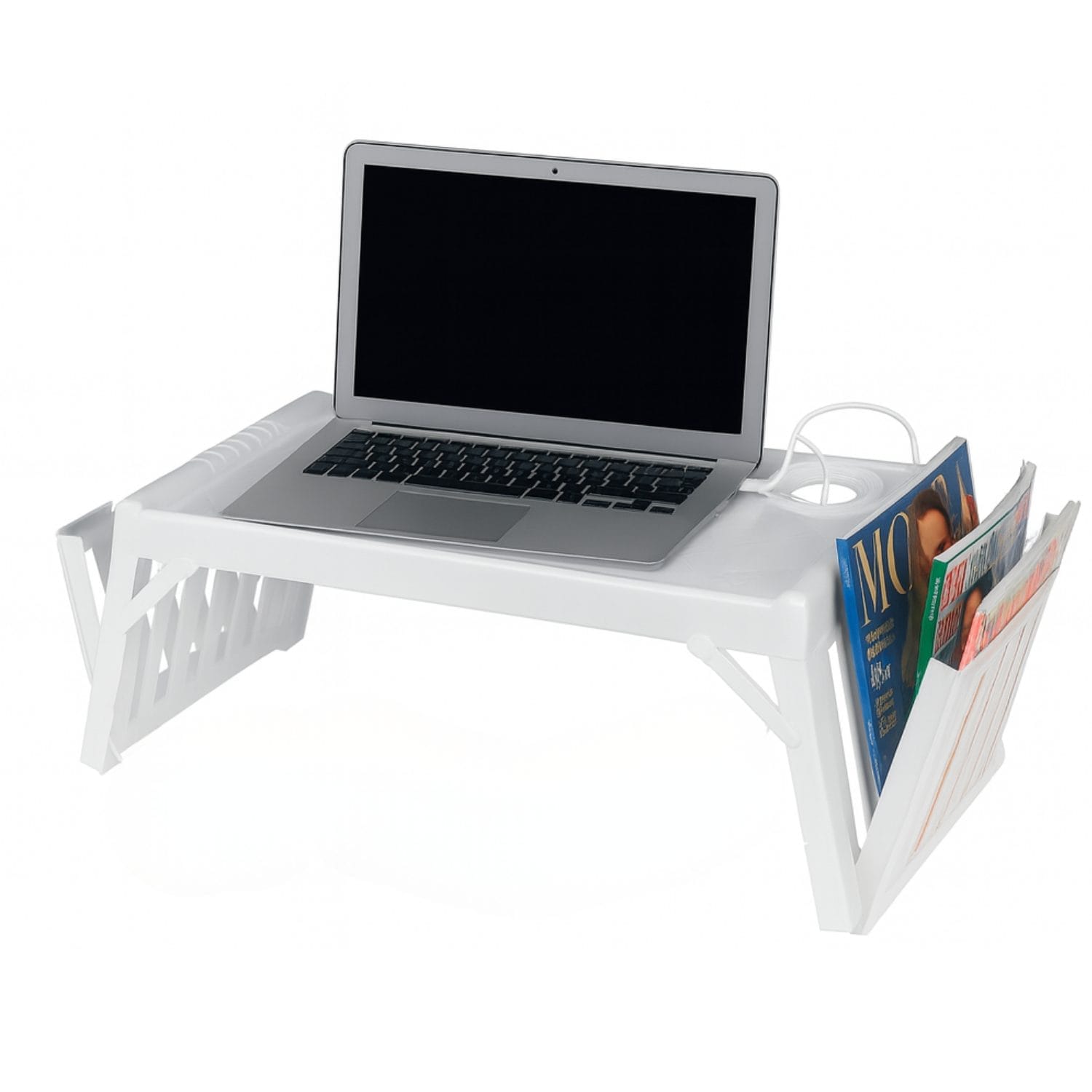 vassoio bianco multifunzione principale Tavolino vassoio multifunzione bianco con supporto notebook e porta riviste