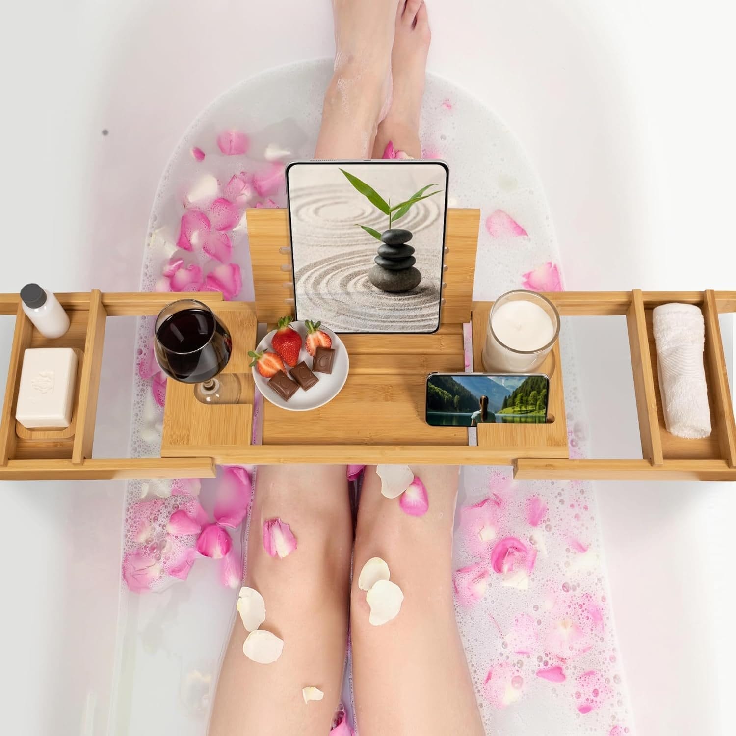 vassoio da vasca in bamboo Vassoio da vasca estensibile con porta bicchiere tablet e accessori spa