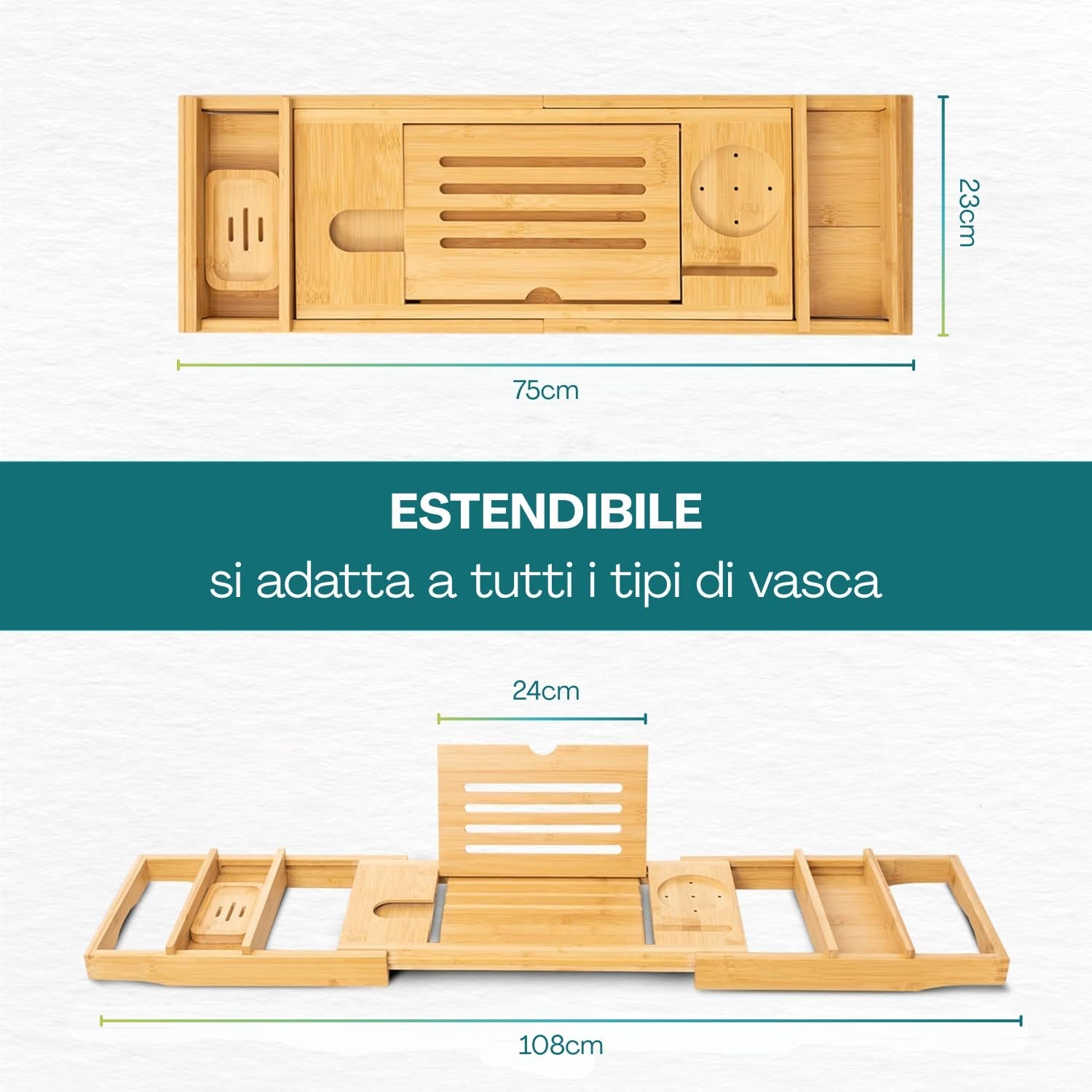 Vassoio da vasca estensibile 75–108 cm adatto a tutte le vasche