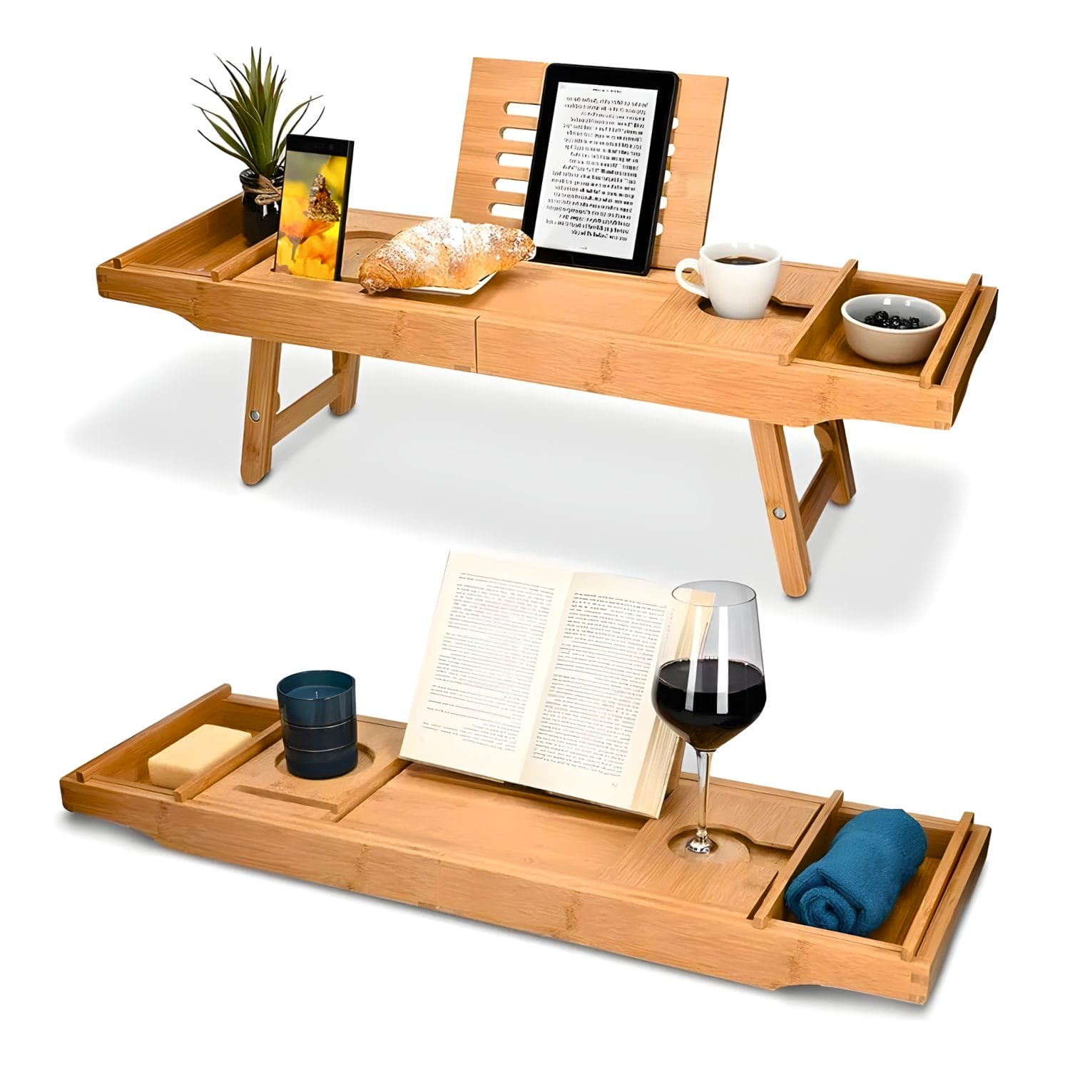 Vassoio da vasca in bamboo multiuso con supporto per libri e bicchieri