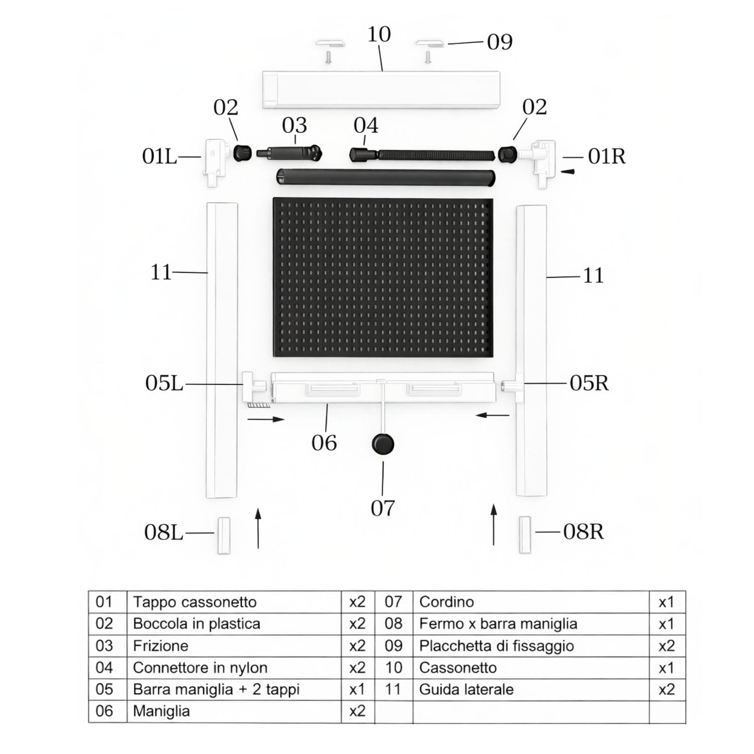 Componenti zanzariera a rullo bianca con cassonetto e guide laterali