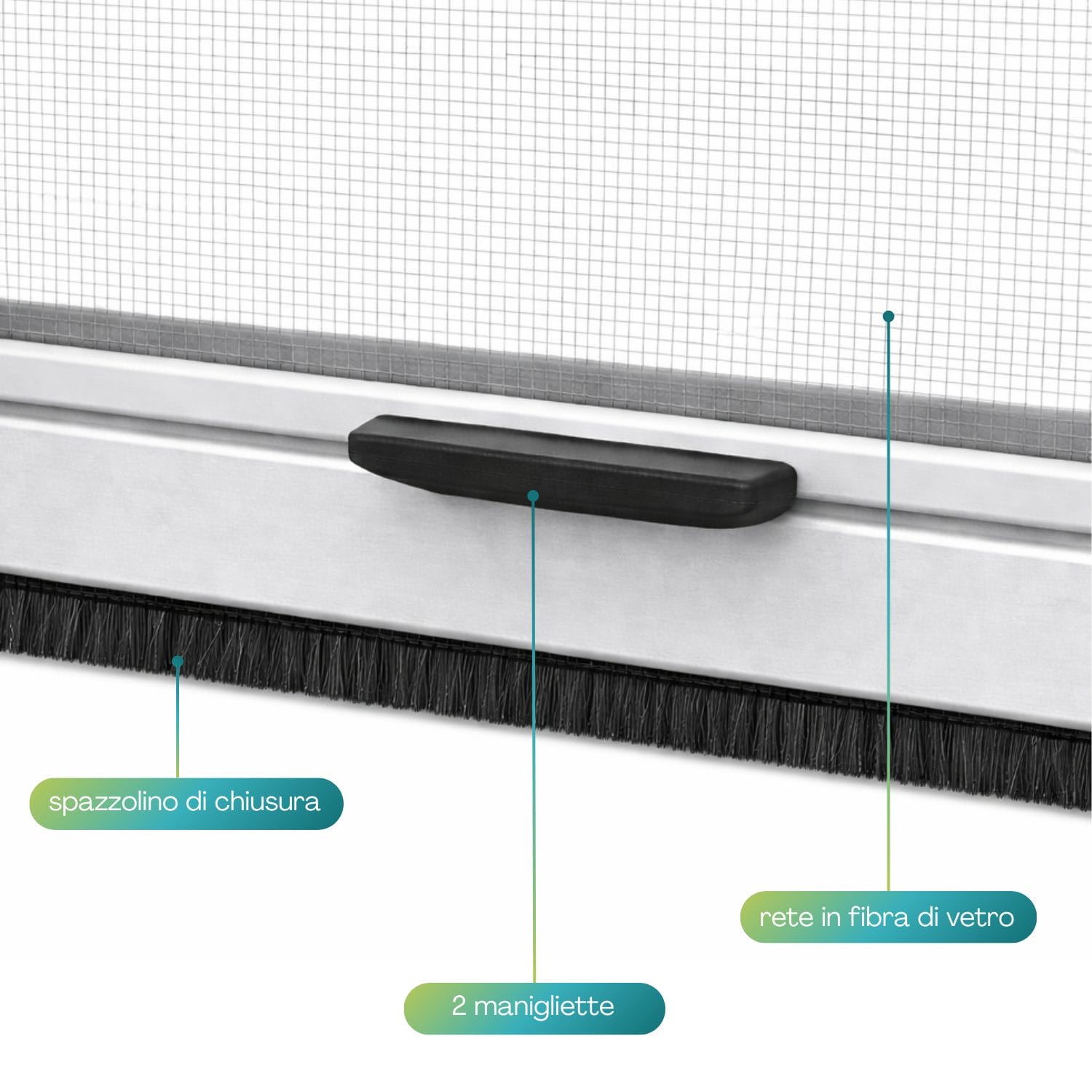 Dettaglio maniglie e spazzolino di chiusura zanzariera a rullo