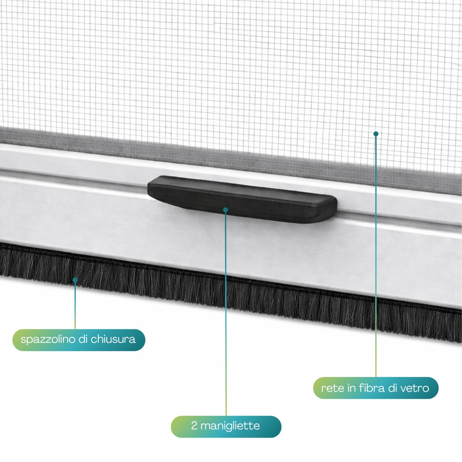 Dettaglio maniglie e spazzolino di chiusura zanzariera a rullo
