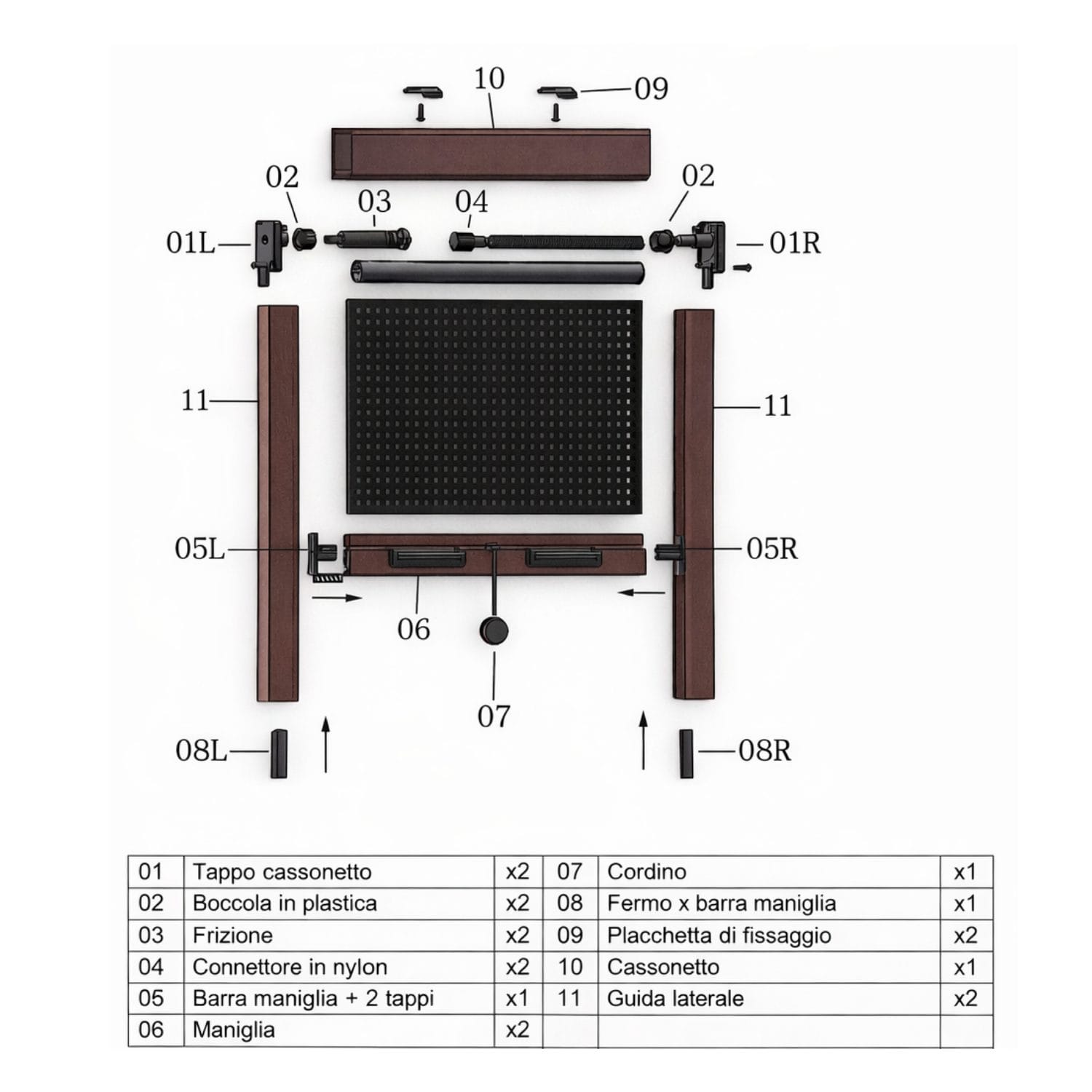 Componenti zanzariera a rullo marrone con cassonetto e guide laterali