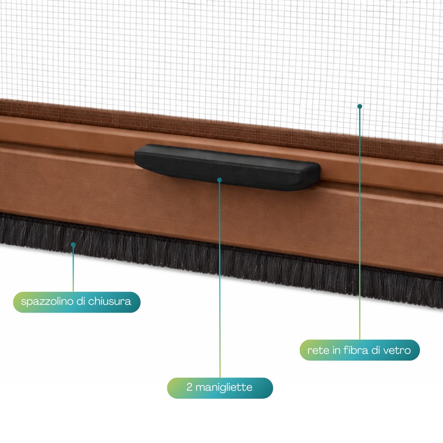 Dettaglio maniglie e spazzolino di chiusura zanzariera a rullo