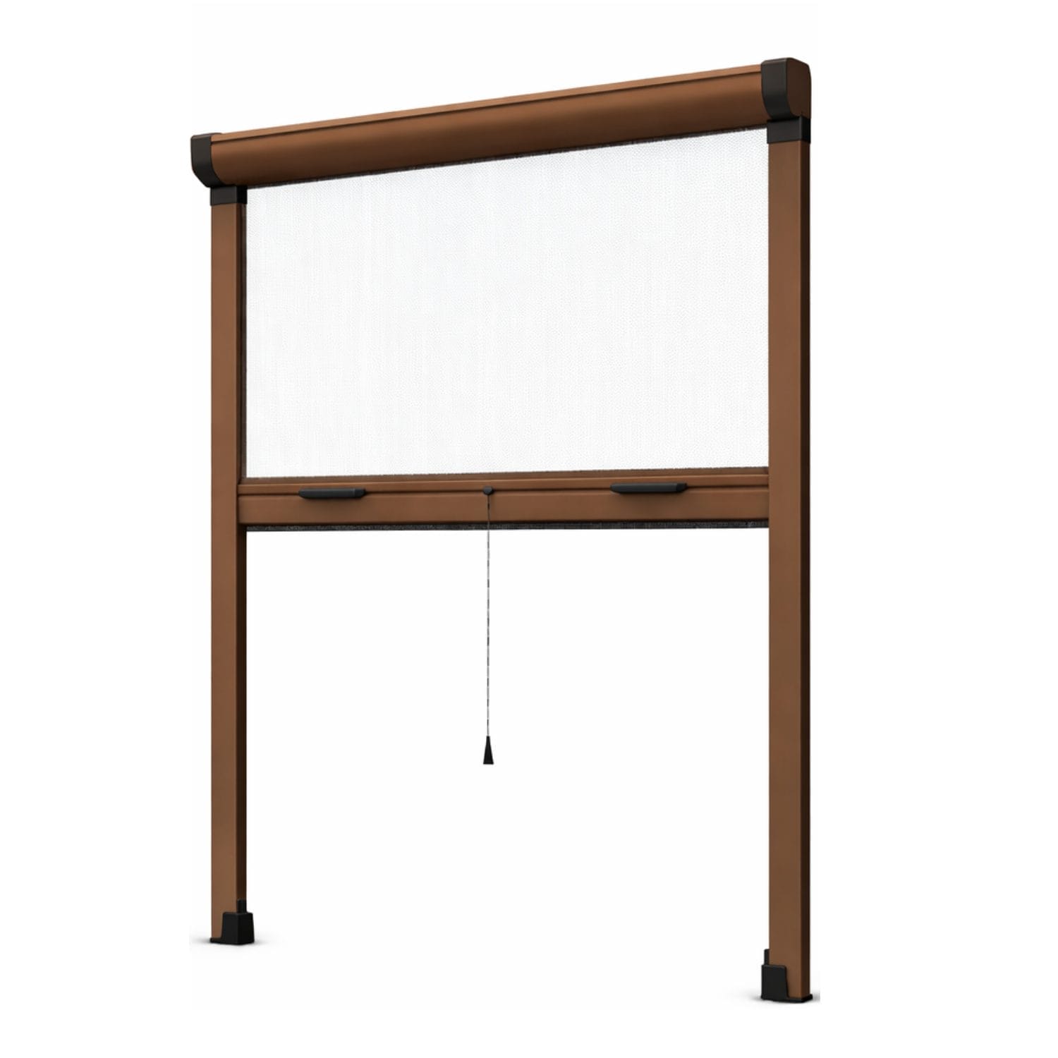 Zanzariera a rullo marrone su sfondo bianco