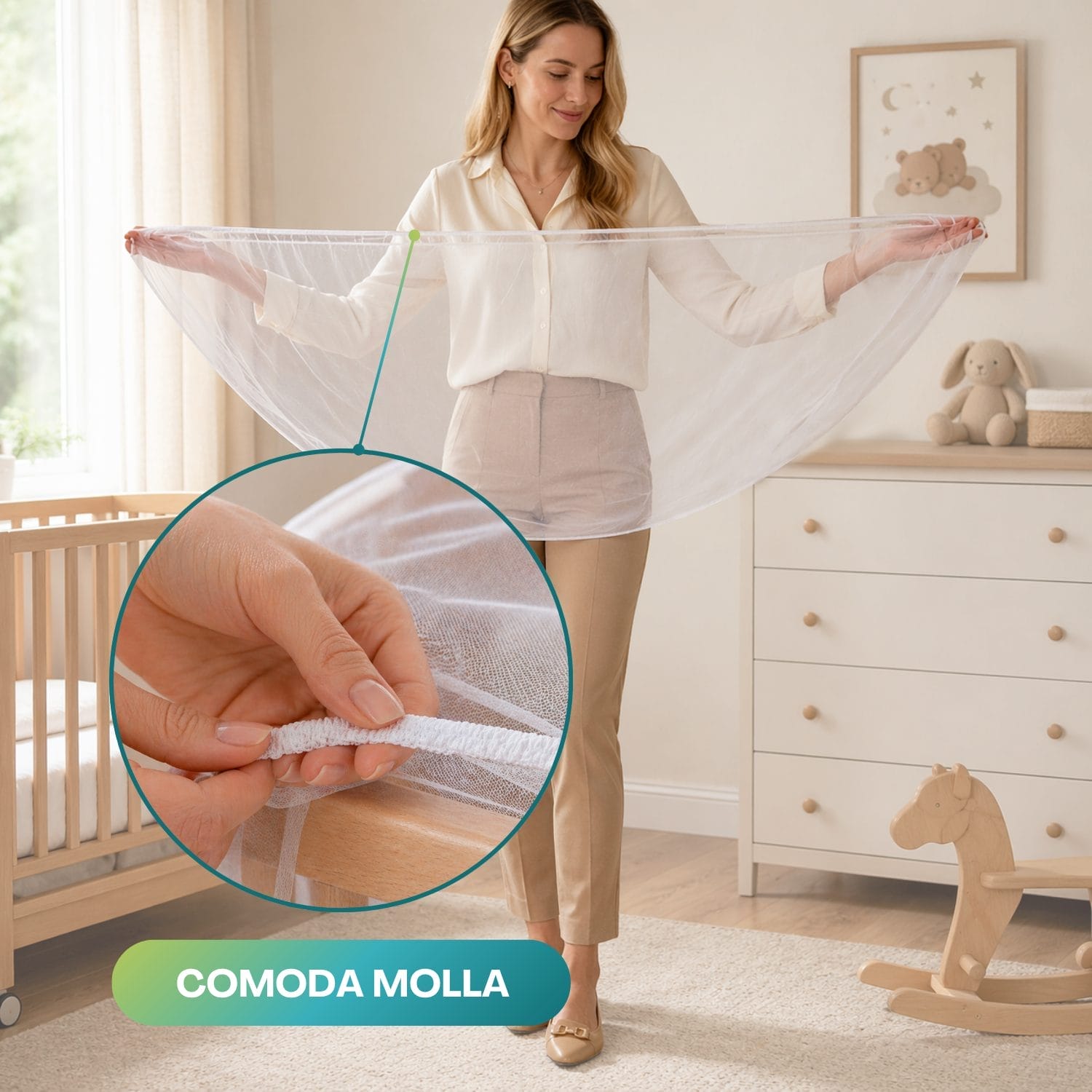 Dettaglio elastico zanzariera per lettino, montaggio facile
