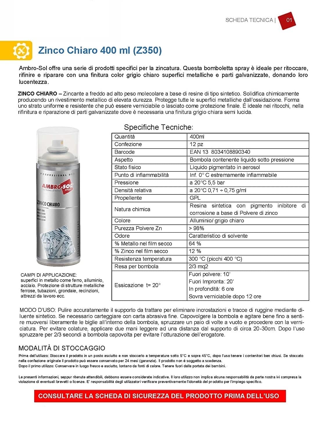 Scheda tecnica spray zinco chiaro 400 ml Ambro-Sol antiruggine e zincante